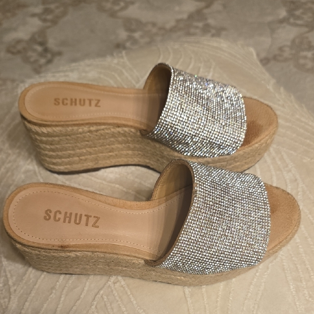 SCHUTZ Silver Sparkle Wedge Sandals